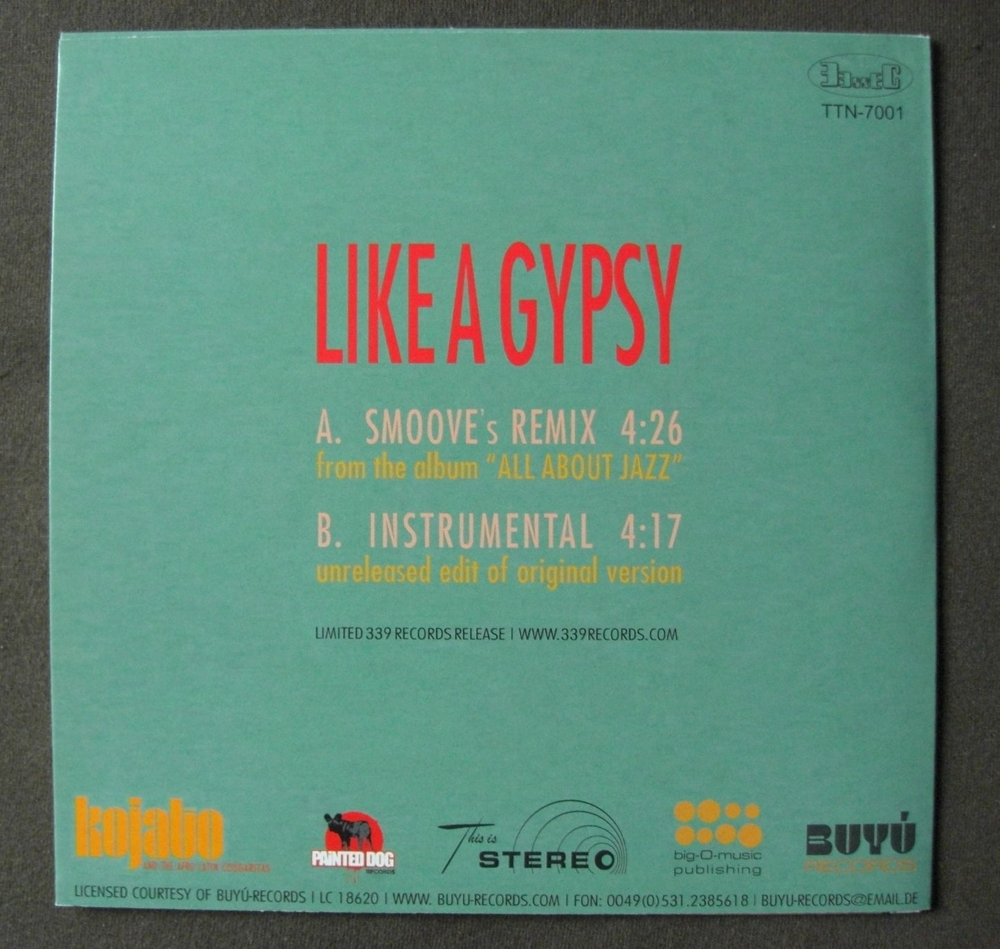 Kojato And The Afro Latin Cougaritas – Like A Gypsy Vinyl 7"