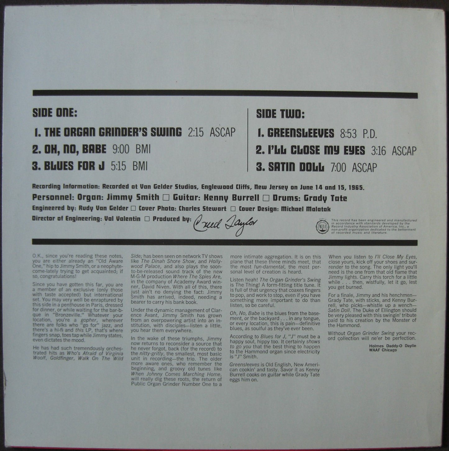 Jimmy Smith Kenny Burrell Grady Tate - Organ Grinder Swing Vinyl, LP, Album