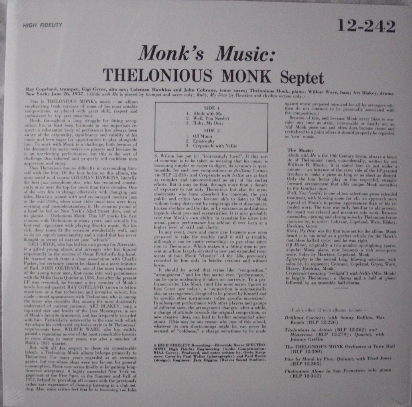 Thelonious Monk Septet – Monk's Music Vinyl, LP, Album, Reissue