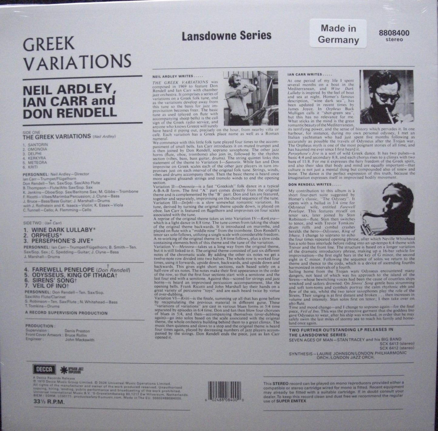 Neil Ardley / Ian Carr / Don Rendell – Greek Variations & Other Aegean Exercises Vinyl, LP, Album, Reissue