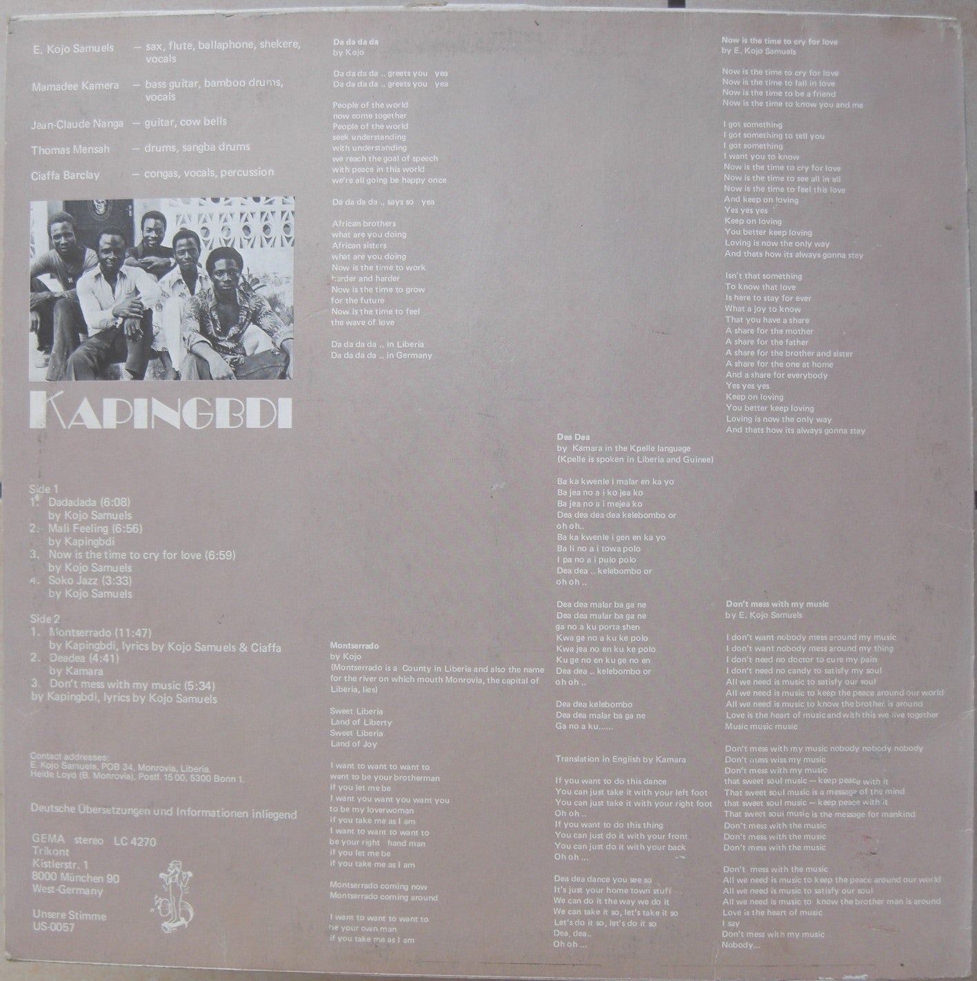 Kapingbdi – African Rhythm Rock Jazz From Liberia Vinyl, lP, Album DE 1978